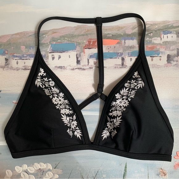 Vintage Abercrombie Black Bikini Swim Top White Embroidered - Picture 1 of 5